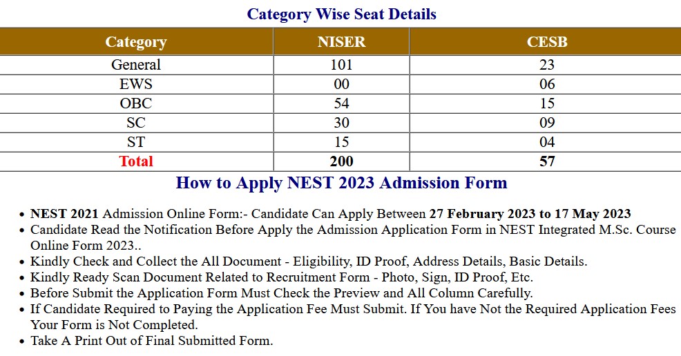 NEST Integrated M.Sc Course Exam Admissions Exam Application Form 2023