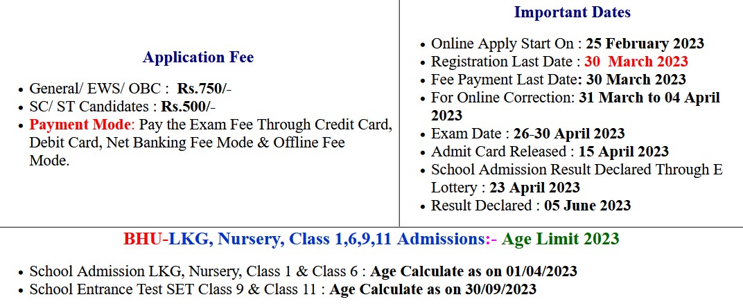 BHU School Admission LKG, Nursery, Class 1 and SET Class 9 to 11 Examination Result 2023