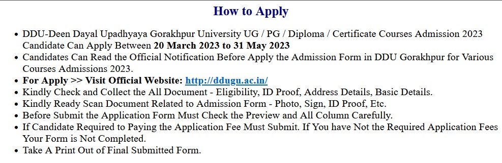 DDU Gorakhpur UG, PG and Other Course Admission Exam Application Form 2023