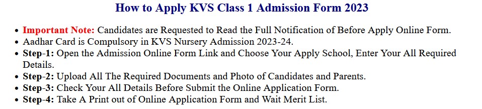 Kendriya Vidyalaya KVS Class 1 Examination Result 2023